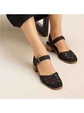 Toms Black Woven Mary Jane Sandal with Low Block Heel